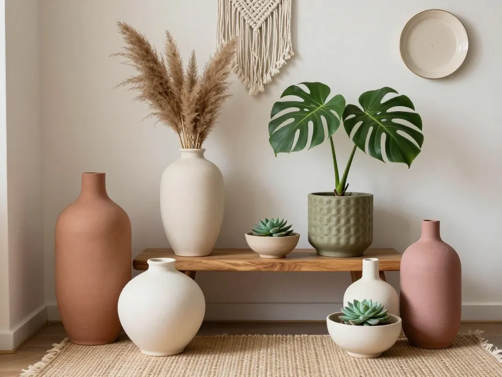 A serene interior corner bathed in soft natural light, featuring a curated collection of ceramic vases and planters in earthy tones—terracotta, cream, olive green, and dusty rose. The vases vary in shape and size: a tall sculptural floor vase, a rounded bud vase with dried pampas grass, a textured cylindrical planter with a lush monstera, and small irregular bowls with succulents. The arrangement sits on a wooden bench and a woven rug, with subtle bohemian touches like a macramé wall hanging and a ceramic plate on the wall. The overall mood is calm, balanced, and inviting, celebrating the harmony of handmade ceramics in home decor.