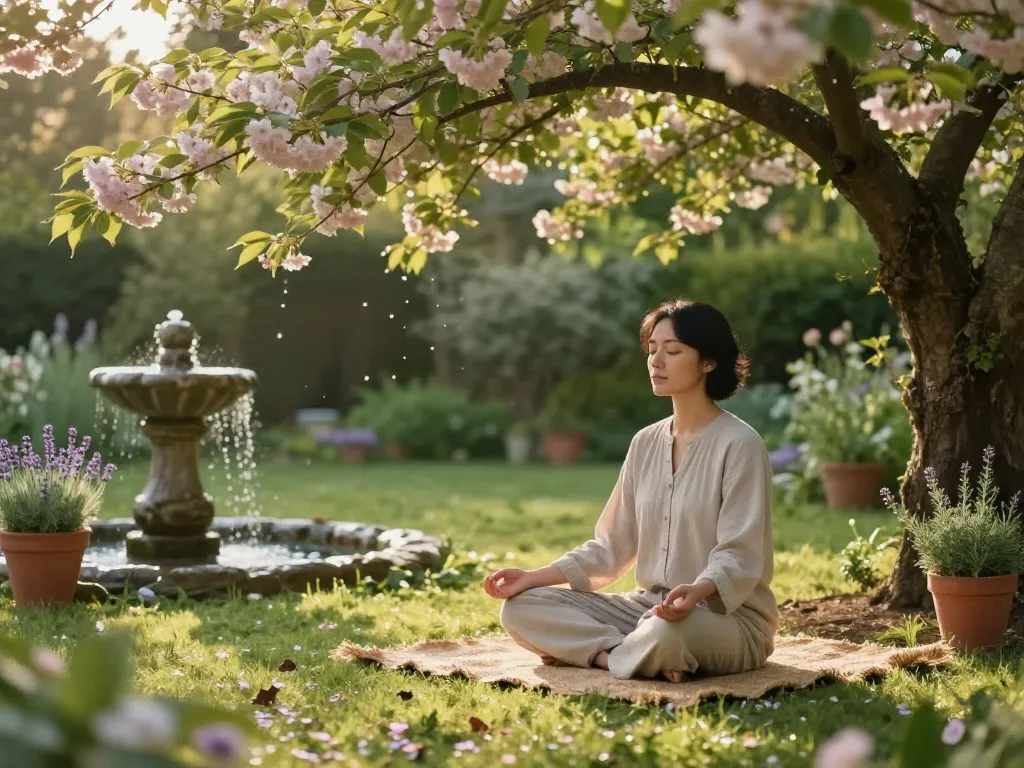 A serene meditation scene in a lush, sun-dappled garden at golden hour. A person sits cross-legged on a simple jute mat under a flowering cherry tree, eyes closed, palms resting on knees. Soft sunlight filters through green leaves, tiny water droplets sparkle on grass blades. A small stone fountain with gentle water flow nearby, terracotta pots with lavender and rosemary, petals scattered on the ground. A sense of deep peace, silence, and connection with nature. Cinematic lighting, shallow depth of field, photorealistic.