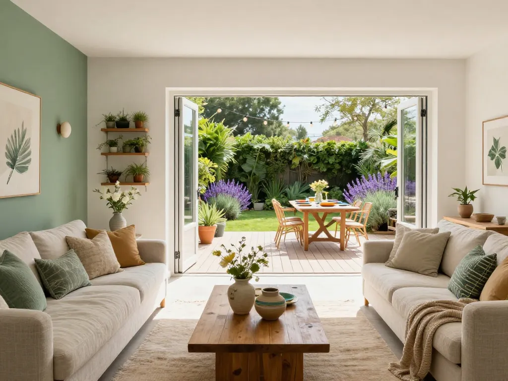 A fresh, bright indoor-outdoor living space with a seamless transition from a modern bohemian living room to a lush garden terrace. The interior has white walls, a sage green accent wall, natural linen textiles, a wooden coffee table with ceramic vases and fresh flowers. Through large open glass doors, a wooden deck is visible with an outdoor dining table set with colorful plates, hanging string lights, vertical garden panels, and lavender bushes in the background. The style is airy, spring-like, with soft afternoon sunlight, high-end editorial photography, wide-angle shot, realistic and inviting atmosphere.