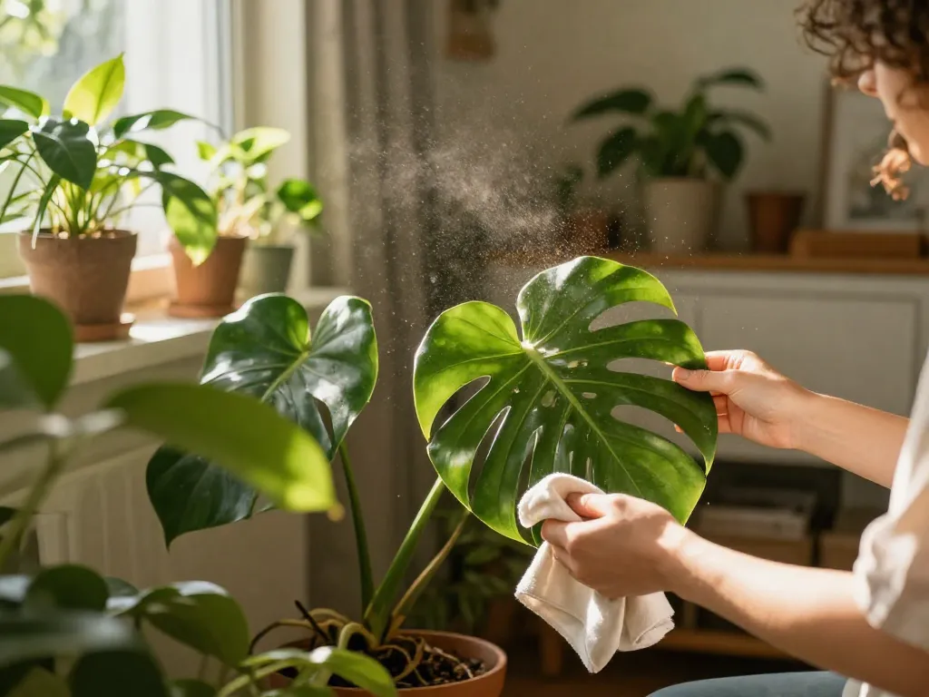 A cozy, sun-drenched corner of a bohemian living room filled with a variety of lush green houseplants. A person's hands are gently tending to a Monstera leaf with a soft cloth. The scene is serene and magical, with dust motes dancing in the golden light, creating an atmosphere of peace, joy, and connection with nature. Warm, natural color palette, shallow depth of field.