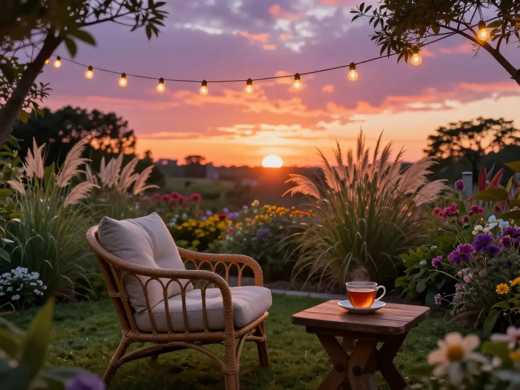A serene garden at golden hour, featuring a comfortable rattan chair with soft cushions facing a stunning sunset over a horizon of ornamental grasses and flowers. String lights gently glow above, and a cup of tea rests on a small wooden table. The sky is painted in vibrant shades of orange, pink, and purple, evoking peace, meditation, and deep connection with nature. Photorealistic style, warm and calming atmosphere.