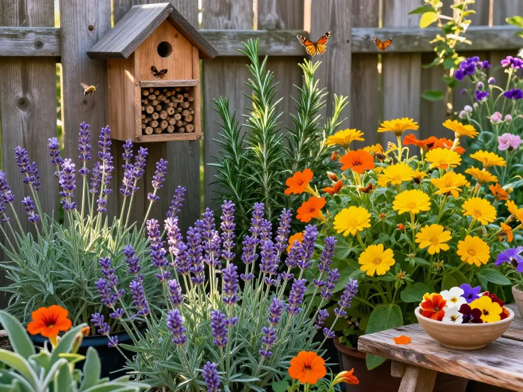 A vibrant, eco-friendly garden scene replacing traditional cut flowers with sustainable alternatives. The foreground features a lush mix of purple lavender, orange nasturtiums, and bright yellow calendula flowers, intermingled with rosemary and sage herbs. A wooden bee hotel hangs on a rustic fence in the background, with butterflies and bees hovering around. In the corner, a small bowl of edible flowers on a reclaimed wooden table. No plastic, no bouquets, just a thriving, biodiverse garden. Warm golden hour lighting, photographic style, highly detailed, inviting atmosphere.