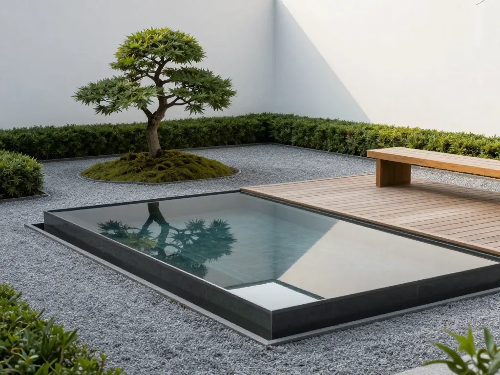 A serene minimalist garden with a rectangular reflecting pool, surrounded by smooth grey gravel, a single sculptural Japanese maple tree, low boxwood hedges, and a wooden deck with a simple bench, under soft morning light. Clean geometric lines, natural materials, calm atmosphere, photorealistic, high angle view.