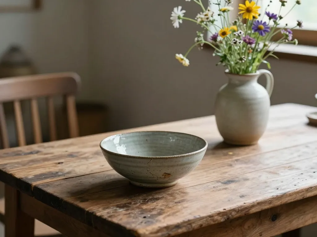 A rustic still life: a weathered wooden table, a handmade ceramic bowl with imperfections, wildflowers in a simple jug, soft natural light, cozy atmosphere, wabi-sabi aesthetic.