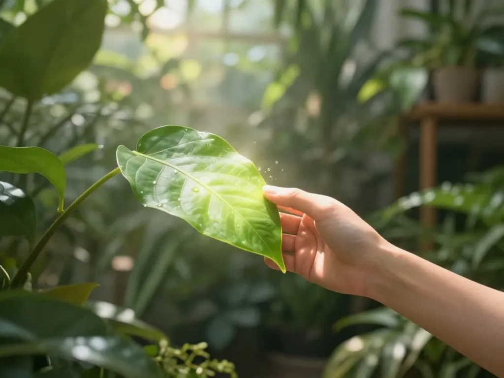 A serene illustration of a human hand gently touching a glowing green leaf, with soft ethereal light connecting them, surrounded by a lush indoor garden, symbolizing the spiritual connection between humans and plants. Warm sunlight filtering through leaves, peaceful atmosphere.