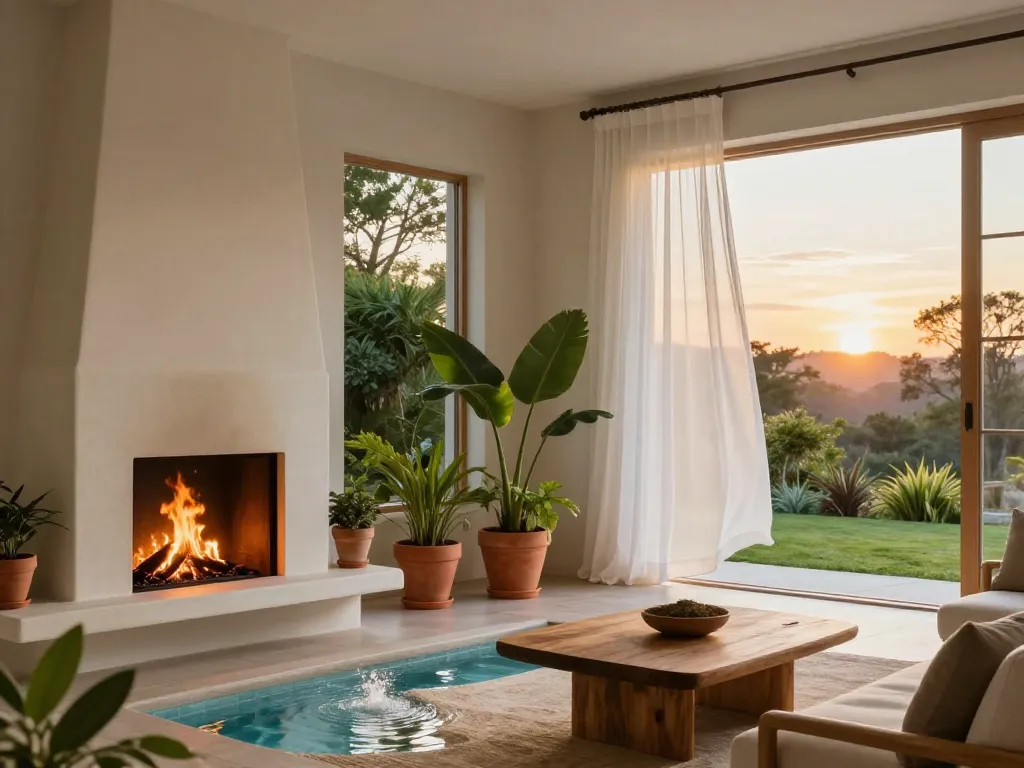 A serene and balanced interior space seamlessly flowing into a lush garden, representing the four natural elements: a modern fireplace with gentle flames for fire, a small indoor water fountain reflecting light for water, terracotta pots with vibrant green plants and a wooden coffee table for earth, and sheer white curtains billowing near an open window for air. Warm sunset light, harmonious color palette of terracotta, soft blue, olive green, and cream, photorealistic architectural photography style, peaceful and inviting atmosphere.
