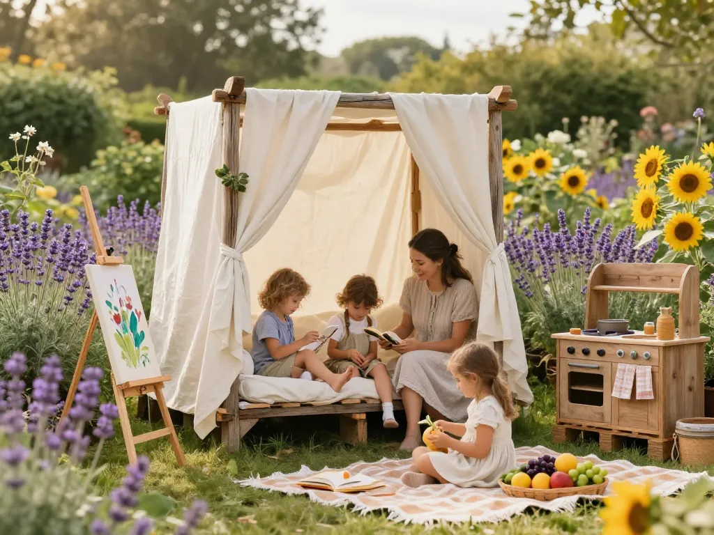 A magical, sun-drenched garden scene with a multigenerational family creating memories together. A wooden fairy-tale reading nook draped with soft white linens, children painting on easels near blooming lavender and sunflowers, a mud kitchen made of old wooden pallets, a picnic blanket with fresh fruits, soft golden hour lighting, whimsical, lifestyle photography style, shallow depth of field, warm and nostalgic atmosphere, ultra-detailed, 8K.