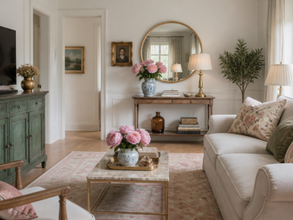 A bright, elegant living room interior in grandmillennial style, featuring a modern neutral-toned sofa paired with two floral vintage cushions, a sage green antique wooden chest used as a TV console, an oval mirror with a thin gold frame above a slim console table, a classic table lamp with a fabric lampshade, fresh peonies in a porcelain vase, dried flowers in a brass vase, a soft pastel area rug over light oak flooring, soft natural light coming through linen curtains, dusty pink and sage green accents on white walls, a curated mix of contemporary and nostalgic decorative objects, cozy and warm atmosphere, photorealistic interior photography, 4K, soft daylight