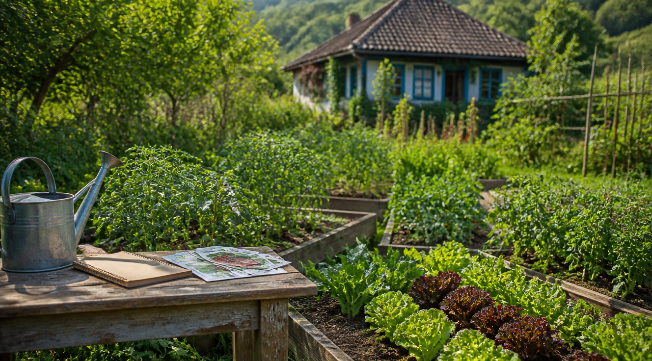 A high-quality photograph of a beautiful Romanian home vegetable garden in late spring, featuring neat raised wooden beds filled with young tomato plants, peppers, lettuce, carrots, and aromatic herbs. A weathered wooden table holds a small notebook, seed packets, and a metal watering can. Soft morning sunlight filters through, with a traditional Romanian countryside house in the softly blurred background. Shot in natural light with vibrant green tones, professional garden photography style, shallow depth of field, 4K resolution, photorealistic, no people.