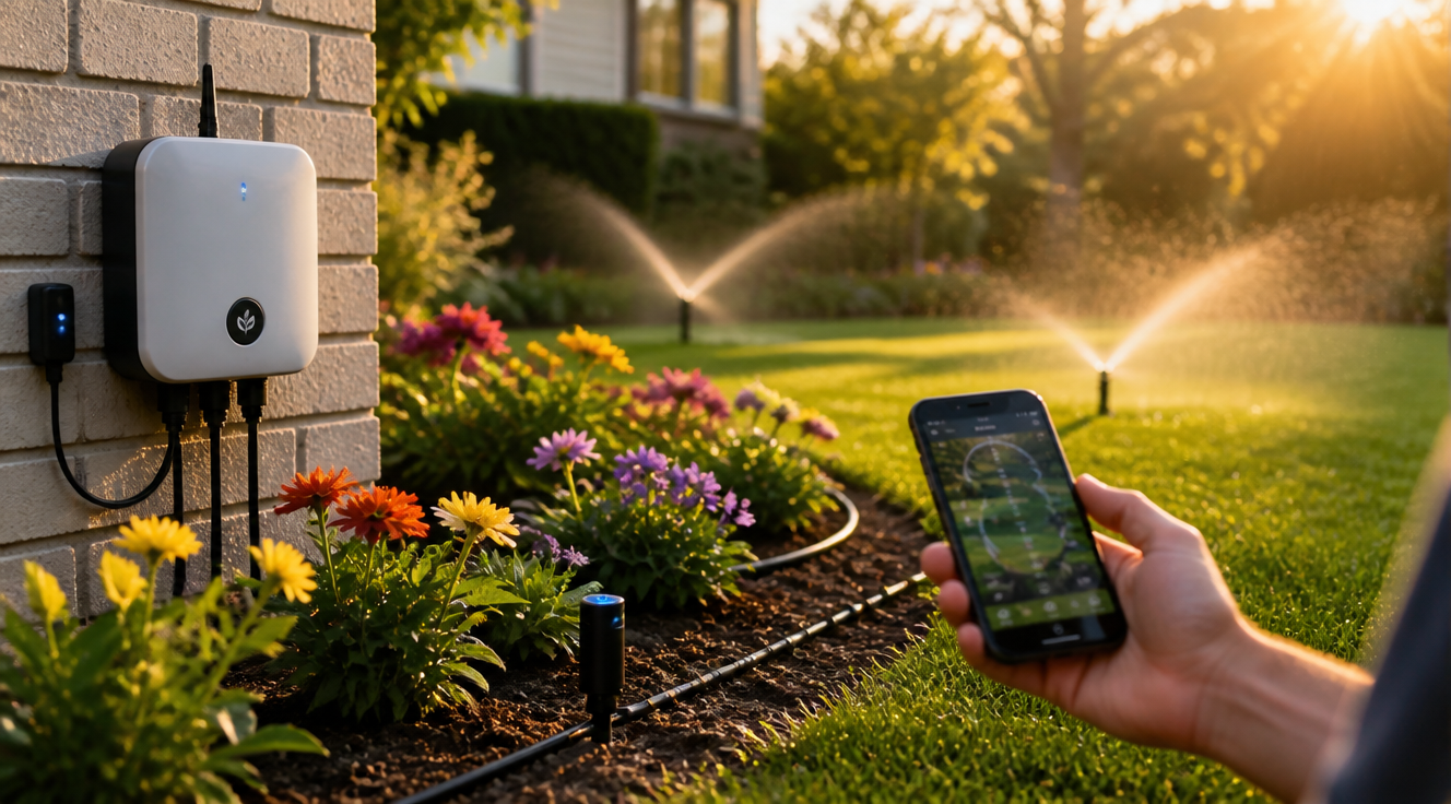 Photorealistic modern smart irrigation system installed in a lush green residential garden at golden hour, featuring a WiFi-enabled smart controller mounted on an exterior brick wall, drip irrigation lines running through colorful flower beds, pop-up sprinklers watering a manicured lawn, soil moisture sensors placed near plant roots, smartphone displaying the irrigation app in the foreground, soft warm sunlight, visible fine water droplets and mist in the air, professional landscape photography, high resolution, 4K, vibrant natural colors, shallow depth of field