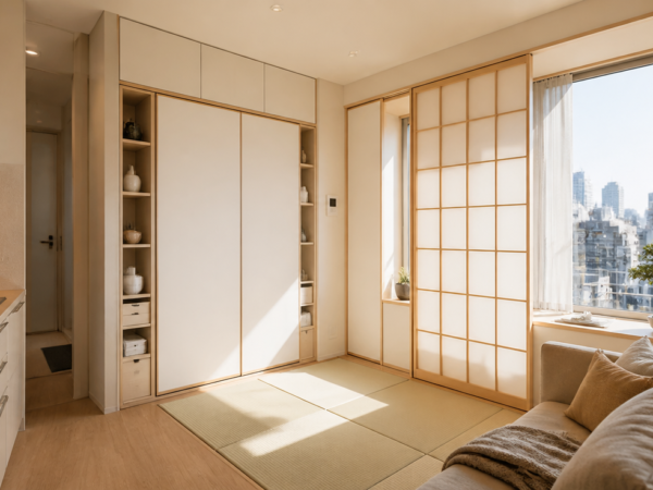 Interior of a modern minimalist Tokyo micro-apartment, 25 square meters, featuring a foldable Murphy bed tucked into a wall closet, sliding shoji screen doors, vertical storage reaching the ceiling, warm natural light streaming through a large window, neutral beige and white color palette, small integrated kitchen with two-burner stove, tatami mat accent, small bonsai plant on the windowsill, soft ambient lighting, clean lines, photorealistic architectural photography, 4K, ultra detailed, magazine quality