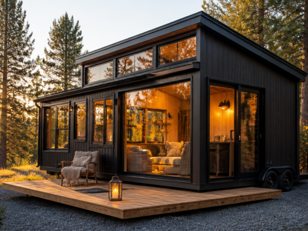 A modern tiny house on wheels parked in a scenic Oregon pine forest at golden hour, with warm interior lights glowing through large panoramic windows, surrounded by tall evergreen trees, rustic wooden deck with a small outdoor chair and lantern, photorealistic architectural photography, wide angle shot, soft natural lighting, 4K, magazine cover quality, lifestyle and sustainability mood