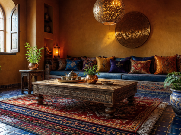 A beautiful Moroccan-style living room interior with authentic decor: terracotta tadelakt walls in warm ocher, blue zellige mosaic floor tiles, a carved thuya wood coffee table, three stacked Berber wool rugs in deep red and indigo, a brass perforated pendant lamp casting warm light, copper lanterns, fresh mint plants in ceramic pots, and a low banquette with colorful silk cushions. Soft natural light streaming through an arched window. Photorealistic, high detail, editorial interior design photography, 4K.