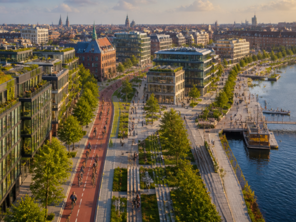 A breathtaking panoramic view of Copenhagen, Denmark, showcasing world-class urban design. The image features numerous cyclists commuting on wide, dedicated red bike lanes alongside modern Scandinavian architecture blending with historic buildings. Lush green spaces, vertical gardens, and tree-lined streets are integrated seamlessly into the urban fabric. A clean, pedestrian-friendly waterfront with people walking, sitting on benches, and children playing. Soft golden morning light, vibrant city life, sustainable transportation, hyperrealistic photography style, ultra-detailed, 8K quality, aerial perspective, cinematic composition.