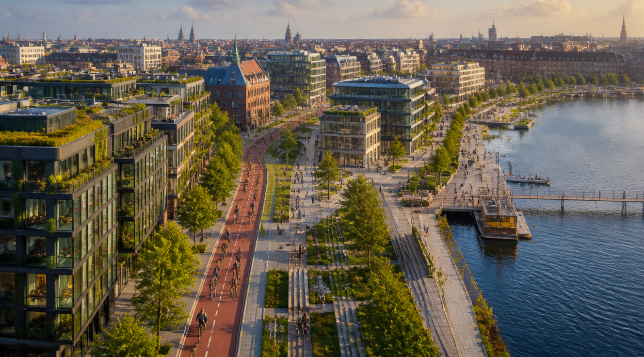A breathtaking panoramic view of Copenhagen, Denmark, showcasing world-class urban design. The image features numerous cyclists commuting on wide, dedicated red bike lanes alongside modern Scandinavian architecture blending with historic buildings. Lush green spaces, vertical gardens, and tree-lined streets are integrated seamlessly into the urban fabric. A clean, pedestrian-friendly waterfront with people walking, sitting on benches, and children playing. Soft golden morning light, vibrant city life, sustainable transportation, hyperrealistic photography style, ultra-detailed, 8K quality, aerial perspective, cinematic composition.