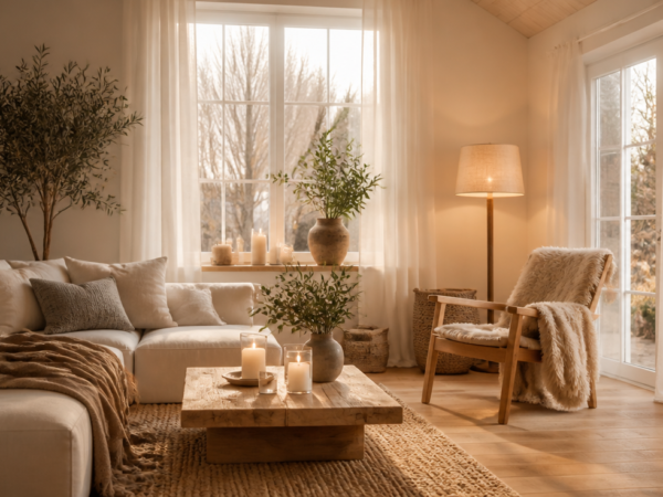 A cozy Scandinavian living room with strong hygge atmosphere, featuring natural oak wood floors, soft wool textiles and linen cushions on a minimalist sofa, several lit candles on a windowsill and coffee table, warm ambient lighting from a floor lamp with a beige shade, large windows with sheer white curtains letting in soft daylight, indoor plants in ceramic pots, neutral color palette with cream and beige tones, architectural details like clean lines, white walls and a slightly pitched ceiling, a wool throw draped over a simple wooden chair, photorealistic interior photography style, warm and inviting mood, golden hour lighting, magazine quality composition