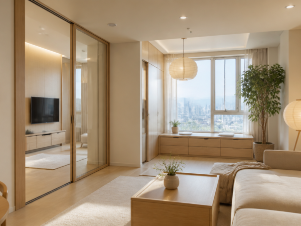 A modern minimalist Korean apartment interior in Seoul, featuring warm neutral tones (white walls, beige, light oak wood), clean lines, soft layered lighting with paper hanji lamps, a small smart home hub display, sliding glass doors, modular multifunctional furniture, a green potted plant in the corner, large window with diffused natural daylight, contemporary urban Korean aesthetic, calm zen atmosphere, photorealistic, high-end interior photography, wide-angle shot, 4K quality