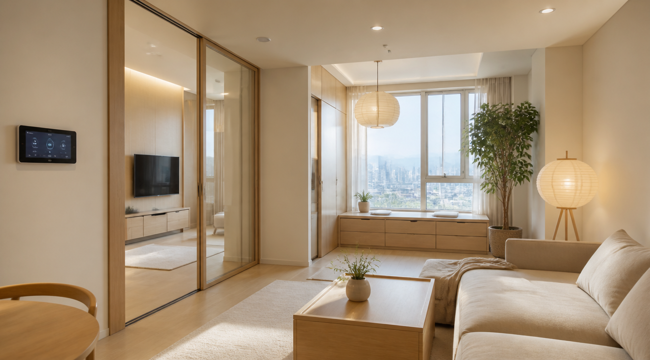 A modern minimalist Korean apartment interior in Seoul, featuring warm neutral tones (white walls, beige, light oak wood), clean lines, soft layered lighting with paper hanji lamps, a small smart home hub display, sliding glass doors, modular multifunctional furniture, a green potted plant in the corner, large window with diffused natural daylight, contemporary urban Korean aesthetic, calm zen atmosphere, photorealistic, high-end interior photography, wide-angle shot, 4K quality