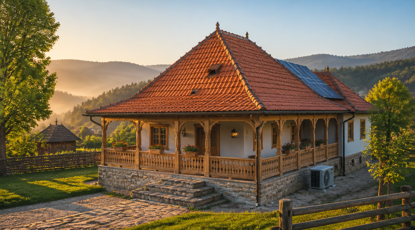 A photorealistic wide-angle shot of a traditional Romanian wooden house in Maramureș region, featuring a large covered porch (pridvor), steep four-pitched roof with terracotta tiles, hand-carved wooden details, and stone foundation. The house is surrounded by a lush green countryside with rolling hills in the background, golden hour lighting, soft mist in the air. In the foreground, modern elements are subtly integrated: discreet solar panels on the back roof section and a small heat pump unit. The composition emphasizes harmony between vernacular architecture and contemporary sustainability. Ultra-detailed, cinematic lighting, 8K quality, architectural photography style.