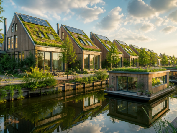 A stunning wide-angle photograph of a modern sustainable neighborhood in the Netherlands, featuring a row of contemporary eco-friendly houses with sleek minimalist architecture, large triple-glazed windows, integrated solar panels on sloped roofs, lush green roofs with wildflowers, wooden facades made of sustainable timber, and a few innovative floating homes visible on a calm canal in the foreground. The scene is bathed in soft golden-hour sunlight, with bicycles parked outside, small urban gardens, and lush trees. The sky is partly cloudy with warm tones. Photorealistic, ultra-detailed, architectural photography style, 4K resolution, vibrant yet natural colors, emphasizing harmony between modern design and nature.