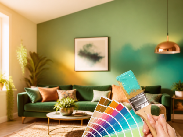 A high-quality editorial photograph of a modern living room interior with walls painted in soft, calming sage green, bathed in warm natural golden-hour light streaming through a large window. In the foreground, a hand holds a paintbrush dipped in vibrant turquoise paint near a color swatch fan displaying various psychological color associations. The composition blends interior design aesthetics with subtle visual metaphors of mood and emotion — soft textures, a cozy velvet sofa, indoor plants, and abstract color gradients blending on the wall. Cinematic lighting, shallow depth of field, photorealistic style, 4K, magazine cover quality, warm and inviting atmosphere.