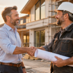 A professional handshake between a homeowner and a contractor in front of a house under renovation, both smiling confidently while holding rolled blueprints together, warm golden hour natural lighting, modern residential building with scaffolding in the background, collaborative and trustworthy atmosphere, clean composition with shallow depth of field, photorealistic style, high resolution, soft bokeh, business partnership concept