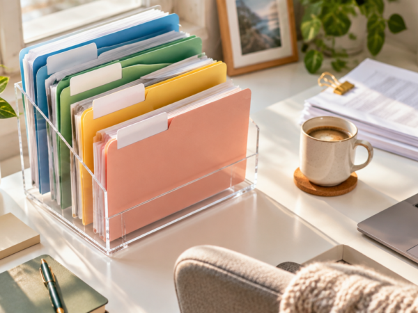 A bright, modern home office desk scene with a neatly organized transparent acrylic file organizer containing color-coded folders labeled 'Contracts', 'Warranties', 'Invoices', and 'Insurance'. Soft natural daylight streams through a nearby window onto a clean white desk surface. A few neatly stacked paper documents, a small potted green plant, and a cup of coffee add warmth. The composition conveys order, calm, and productivity, with a shallow depth of field and warm, inviting tones. Photorealistic style, high resolution, soft bokeh background, top-down 45-degree angle shot.