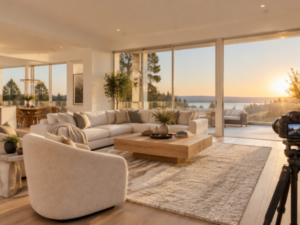 A bright, modern living room of a stylish home staged for sale, captured by a professional real estate photographer. Wide-angle lens perspective showcasing elegant interior design with warm natural light streaming through large windows, neutral beige and white tones, minimalist contemporary furniture, a tripod with a DSLR camera visible in the corner hinting at a professional shoot. High-end real estate listing photo aesthetic, soft golden hour lighting, ultra-realistic, 8K quality, architectural photography style, shallow depth of field on decorative elements.