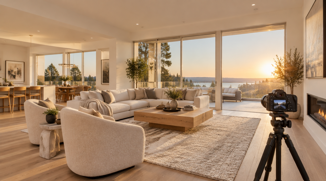 A bright, modern living room of a stylish home staged for sale, captured by a professional real estate photographer. Wide-angle lens perspective showcasing elegant interior design with warm natural light streaming through large windows, neutral beige and white tones, minimalist contemporary furniture, a tripod with a DSLR camera visible in the corner hinting at a professional shoot. High-end real estate listing photo aesthetic, soft golden hour lighting, ultra-realistic, 8K quality, architectural photography style, shallow depth of field on decorative elements.